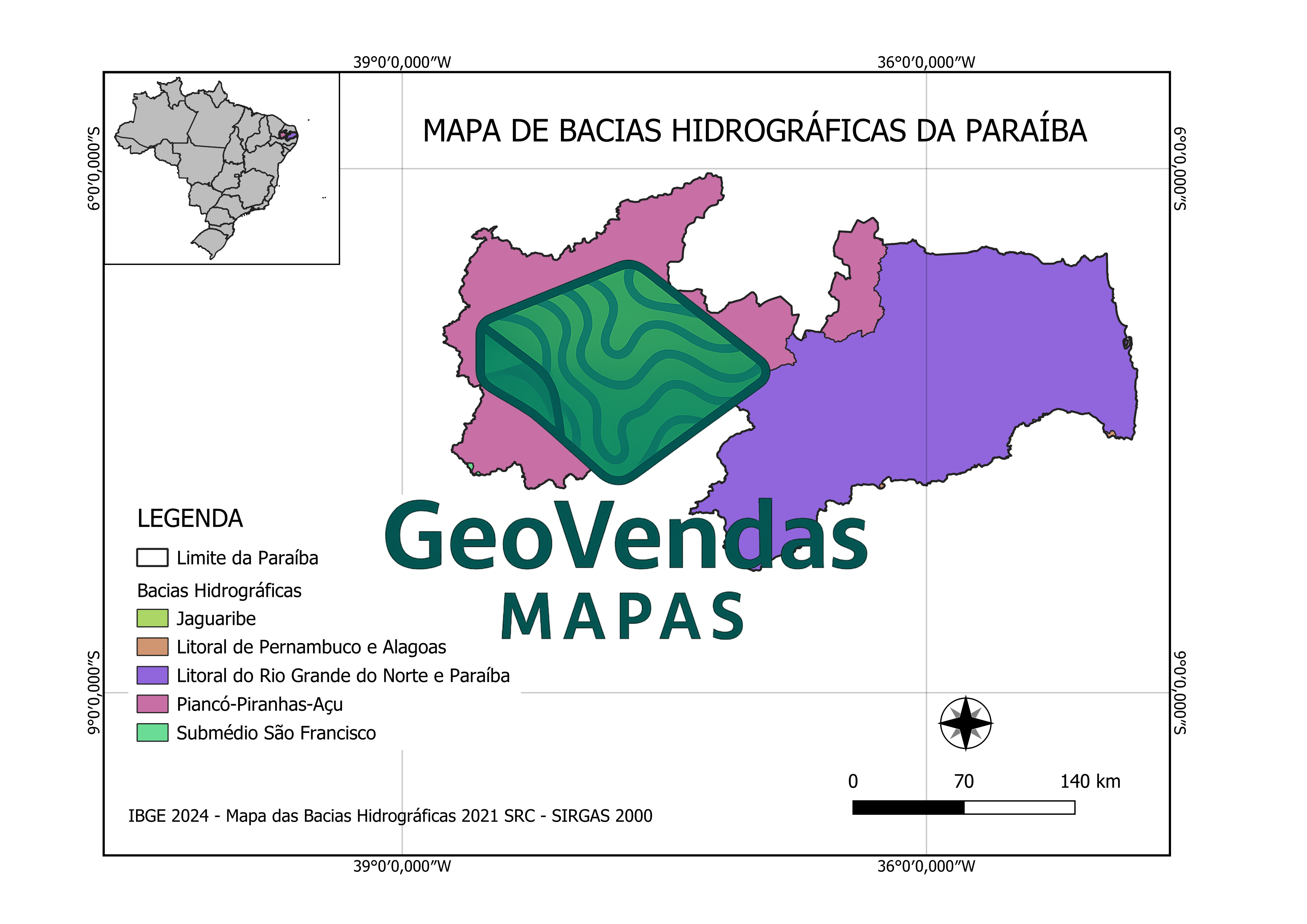 Mapa de Bacias hidrográficas da Paraíba